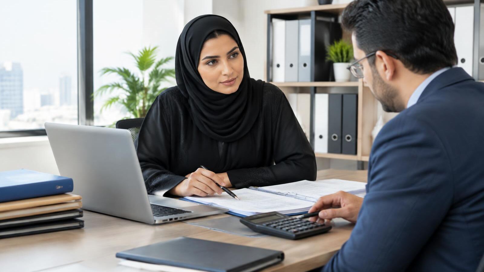 Business owner meeting with an accountant over folders and a calculator