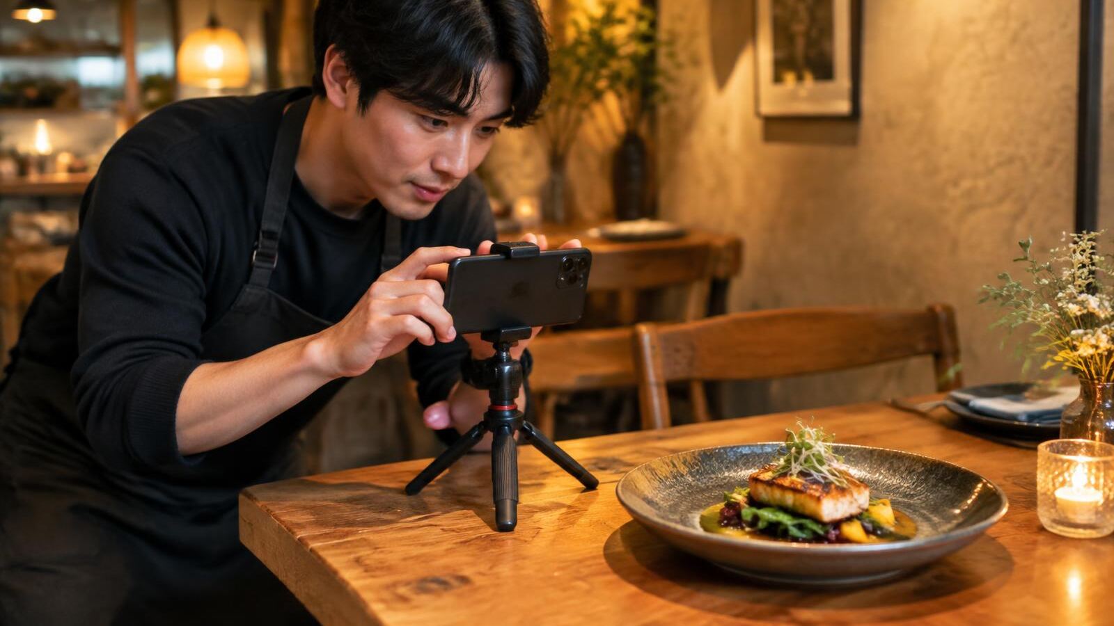 Man photographing a plated dish with a phone on a mini tripod for a restaurant