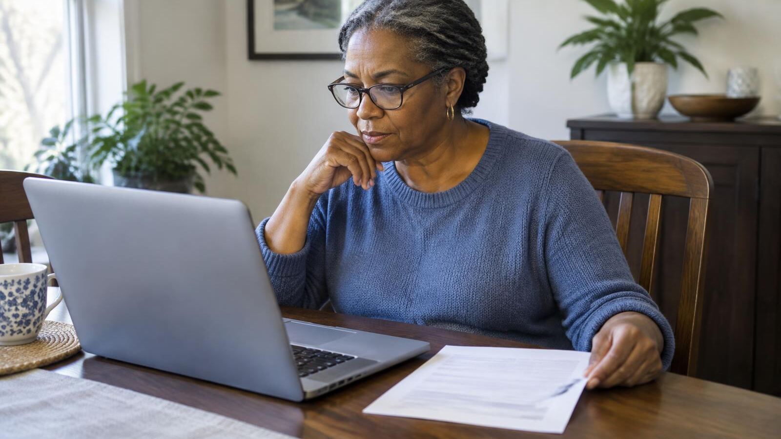 Woman in her sixties reviewing her benefits statement on a laptop with a letter beside her