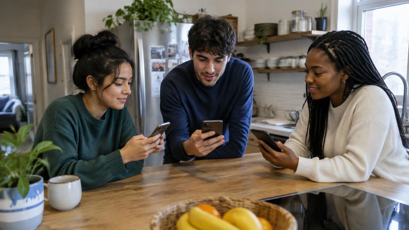 Three roommates splitting bills on their phones in the kitchen