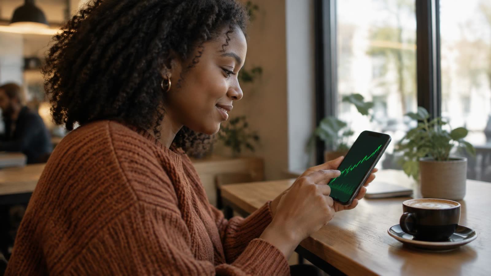 A young woman at a café investing a small amount on her phone