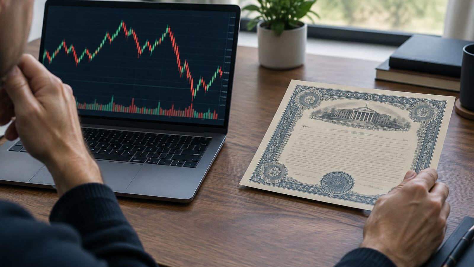 Laptop with a stock chart next to a printed bond certificate