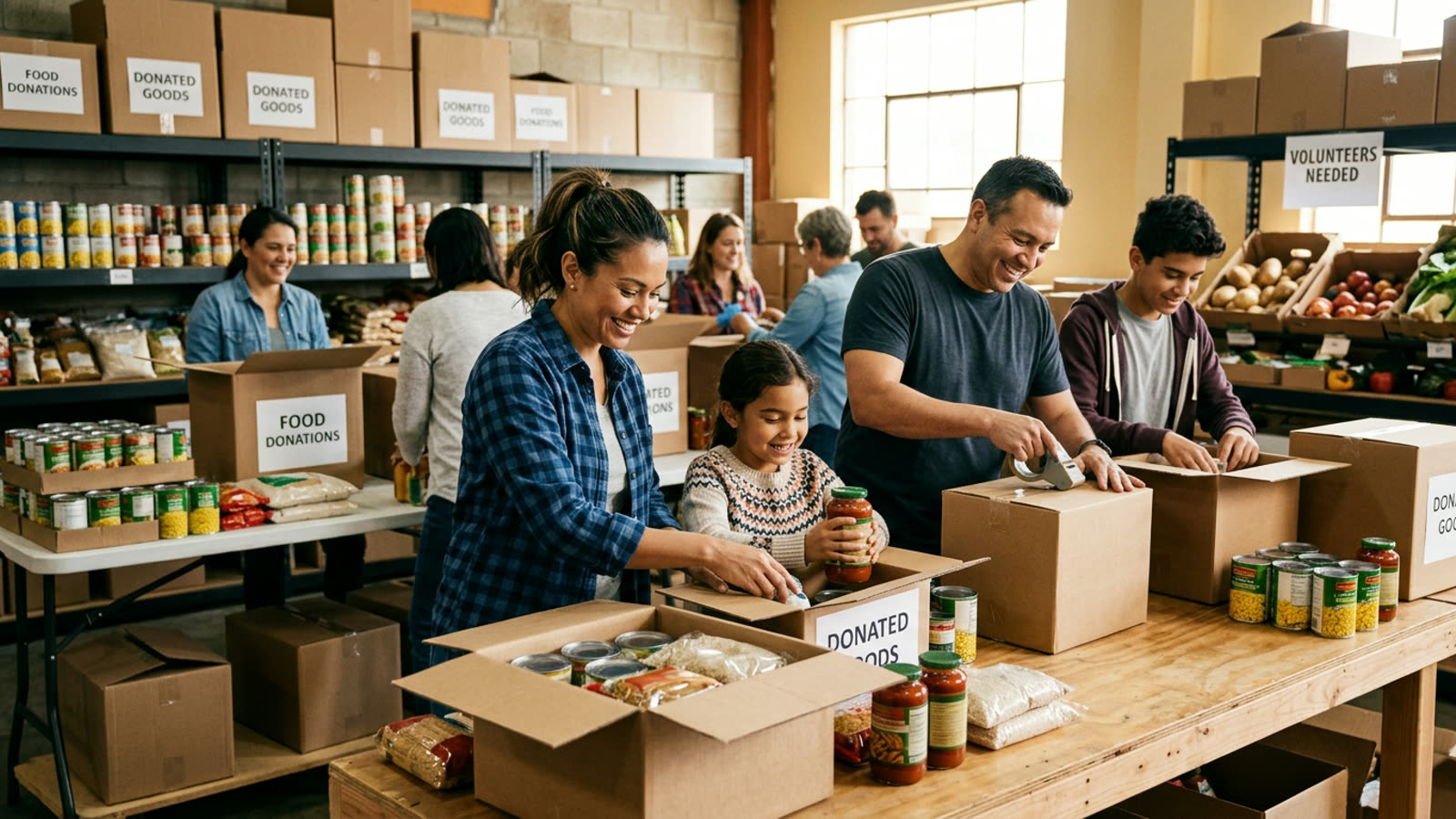 A family volunteering at a food bank packing donation boxes, a philanthropic giving theme
