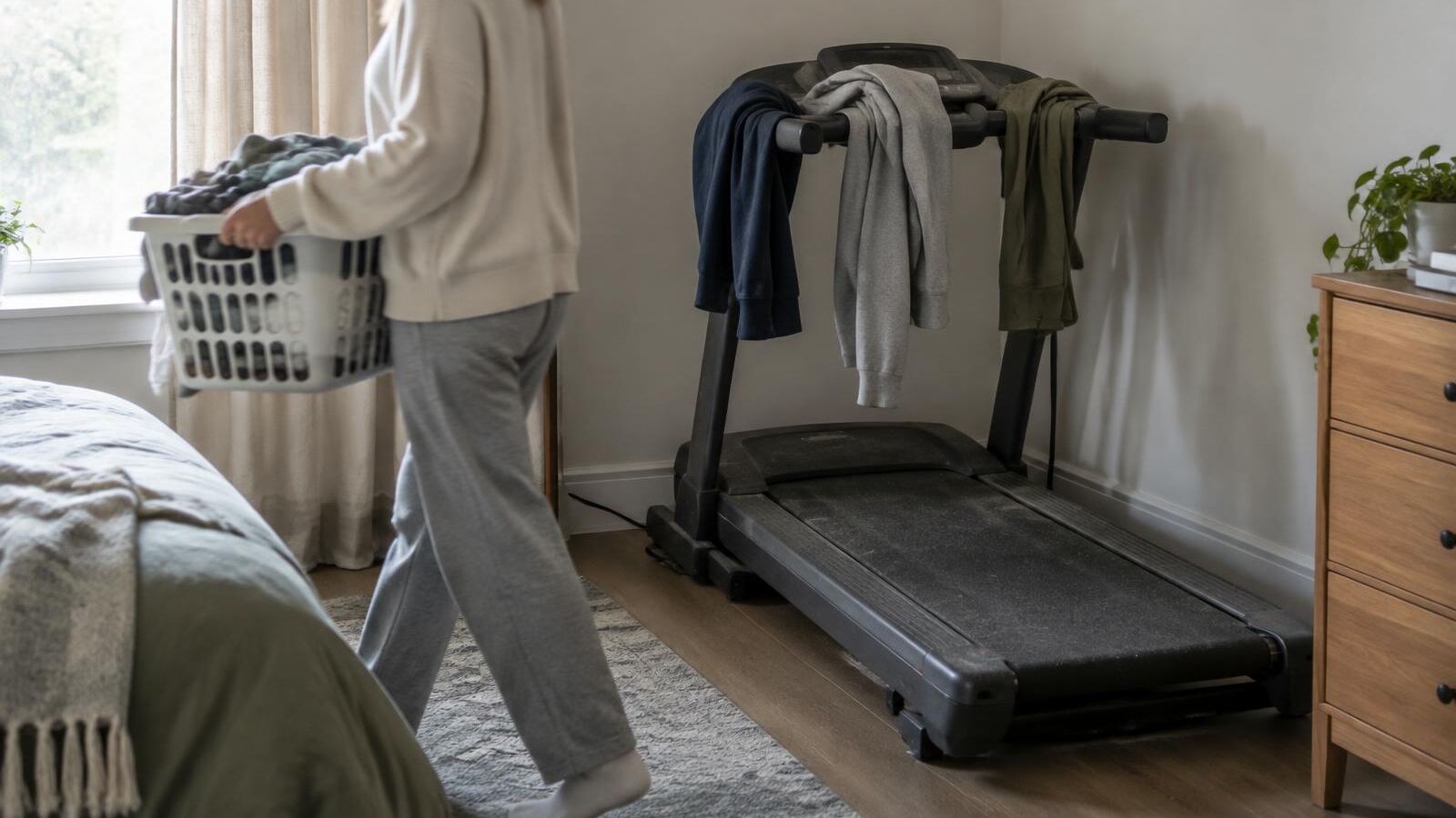 Unused treadmill draped with clothes as someone walks past with laundry