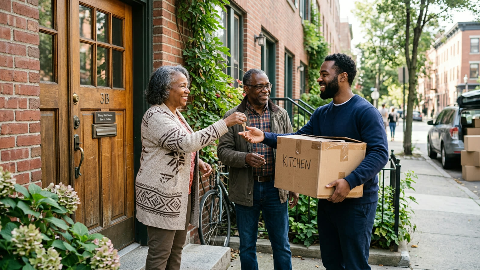 Older parents handing keys and a moving box to their adult son at the door of a first apartment