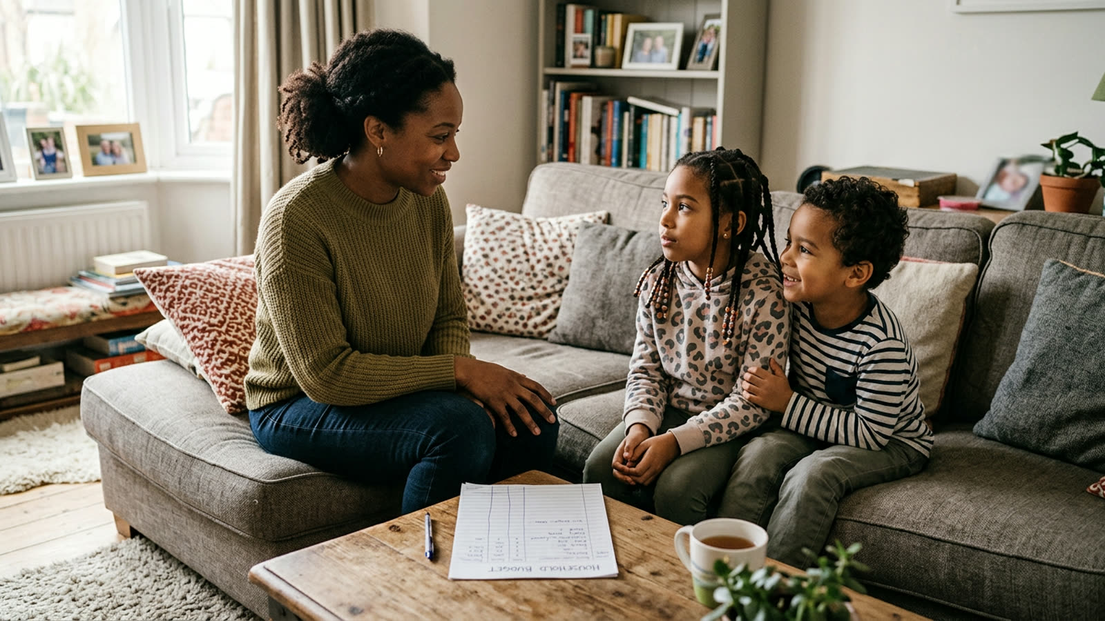 A mother sitting on a sofa calmly talking with two children, a simple household budget sheet on the coffee table