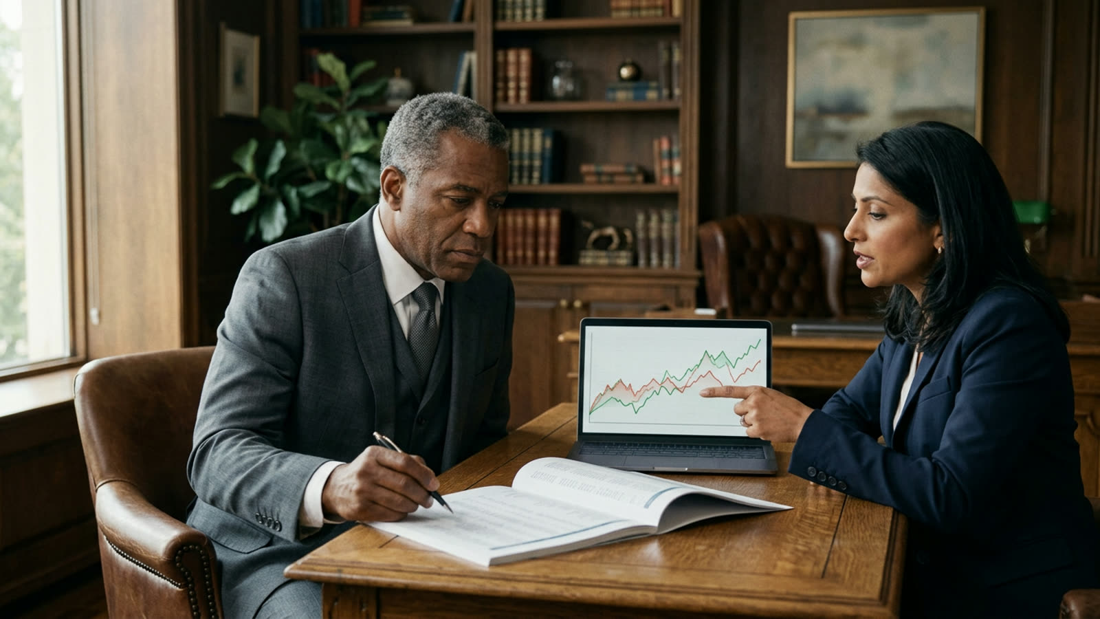 An investor in an elegant private study reviewing a portfolio with red and green chart lines on a laptop alongside a wealth advisor, deciding which holdings to sell