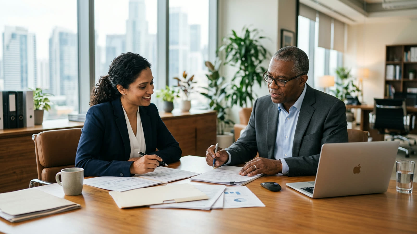 A professional meeting a tax advisor in a sleek office, tax documents and a laptop on the desk