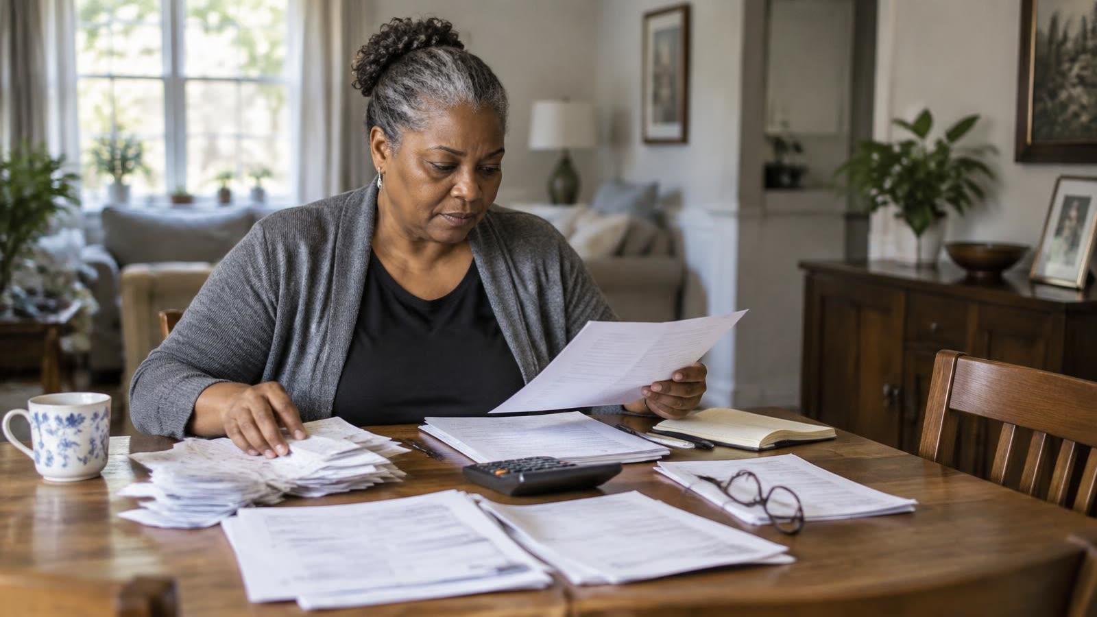A woman organizing tax forms and receipts with a calculator at her dining table