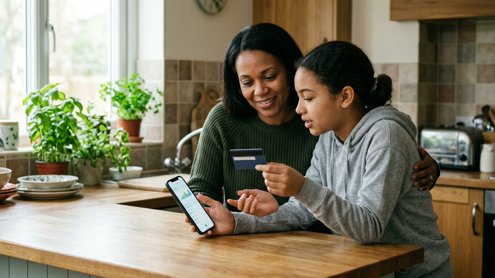 A parent showing a teenager a credit card and a phone banking app at a kitchen counter