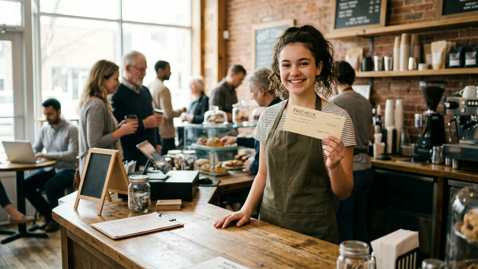 A teenager in a cafe apron holding a first paycheck envelope, smiling behind the counter