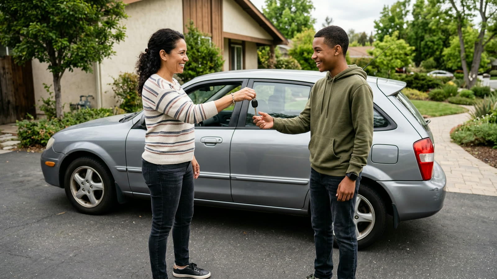 A teenager and parent standing beside a used compact car in a driveway, the parent handing over car keys