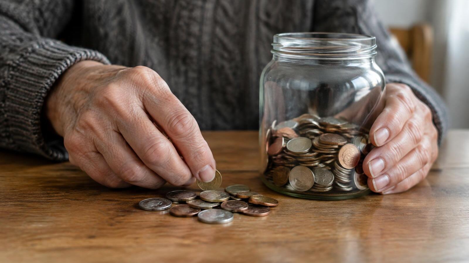 Older hands taking a few coins out of a glass jar
