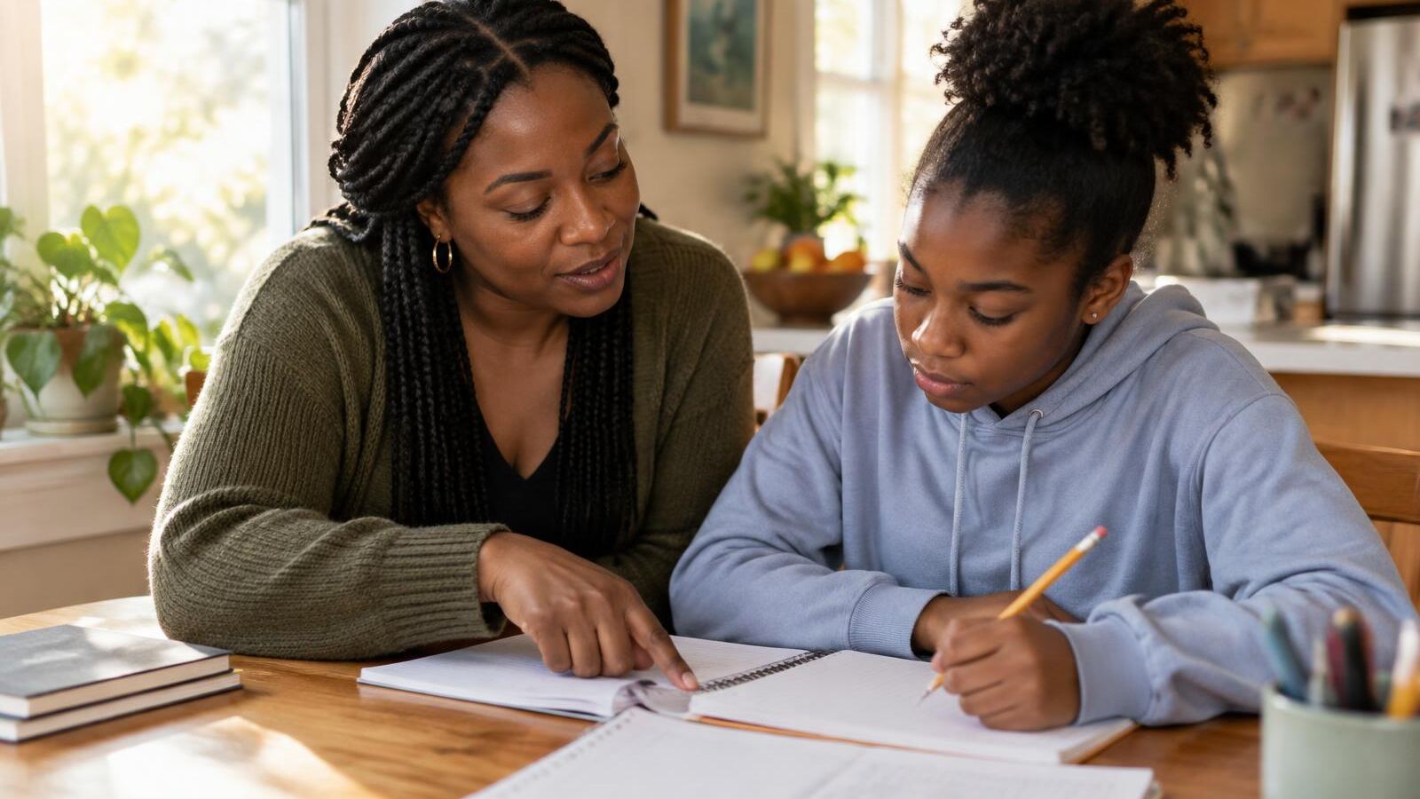 Tutor helping a student with homework at a kitchen table