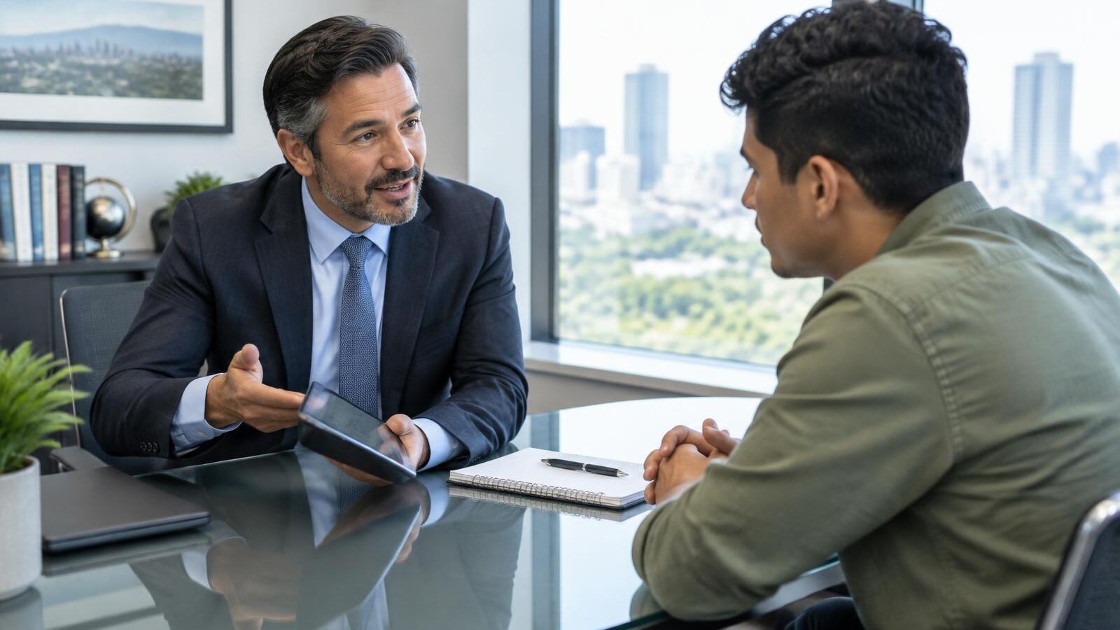 Financial advisor talking with a young client in a modern office
