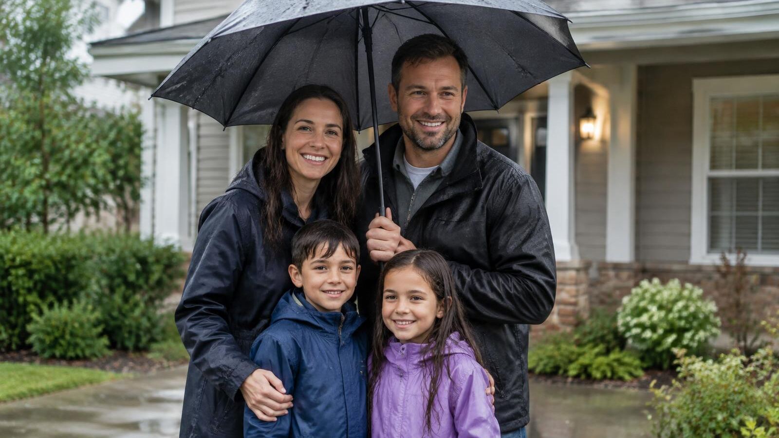 Family of four under one umbrella in front of their home
