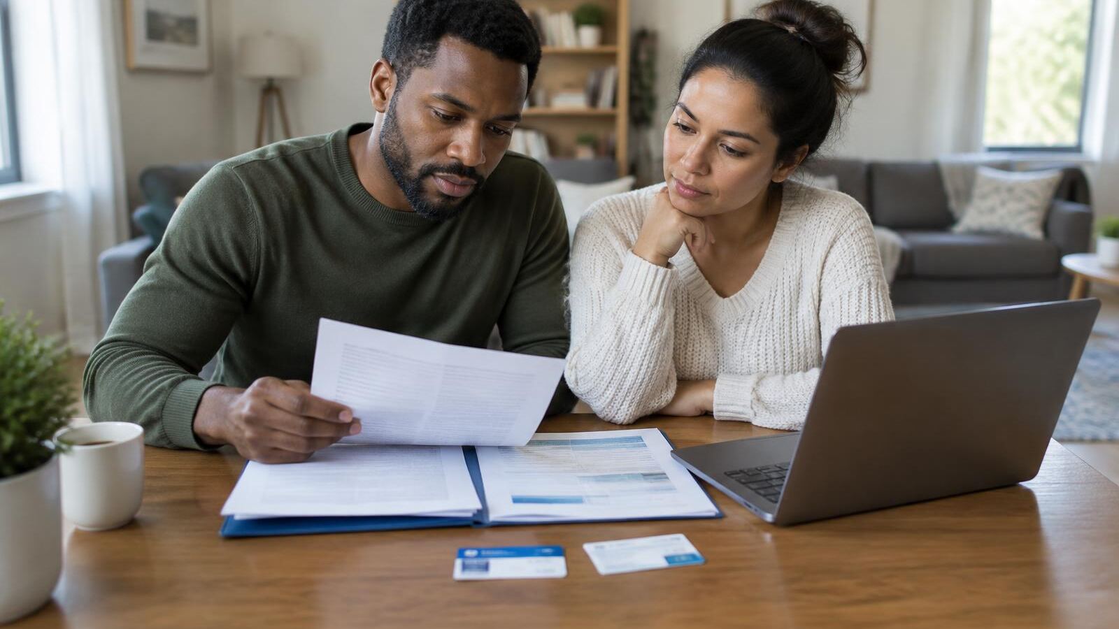 Couple reviewing an employer benefits packet and insurance cards