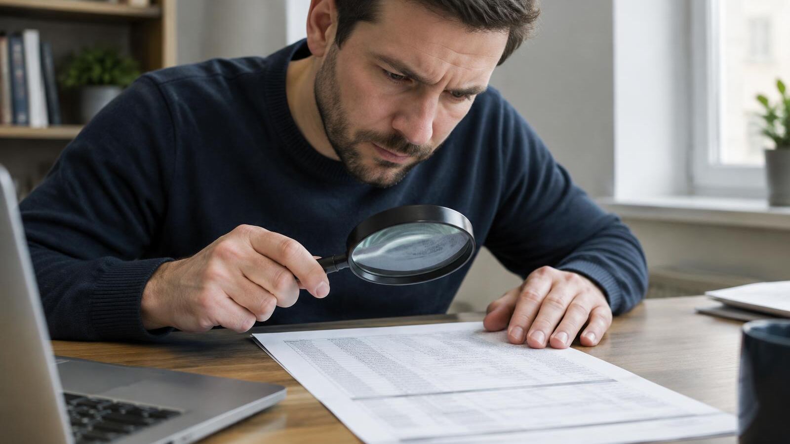 Man checking an investment statement with a magnifying glass