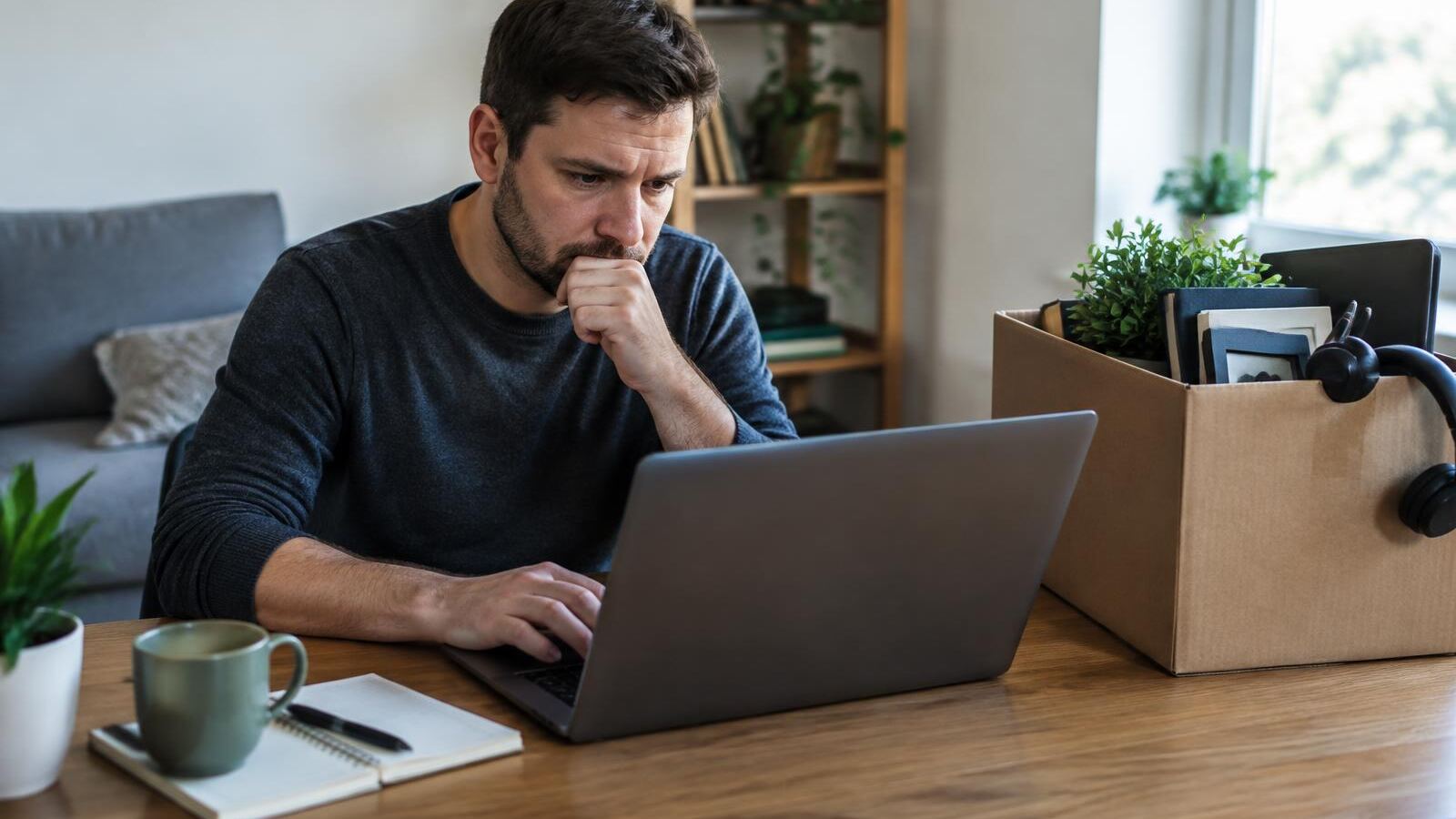Man applying for unemployment benefits beside a box of office belongings