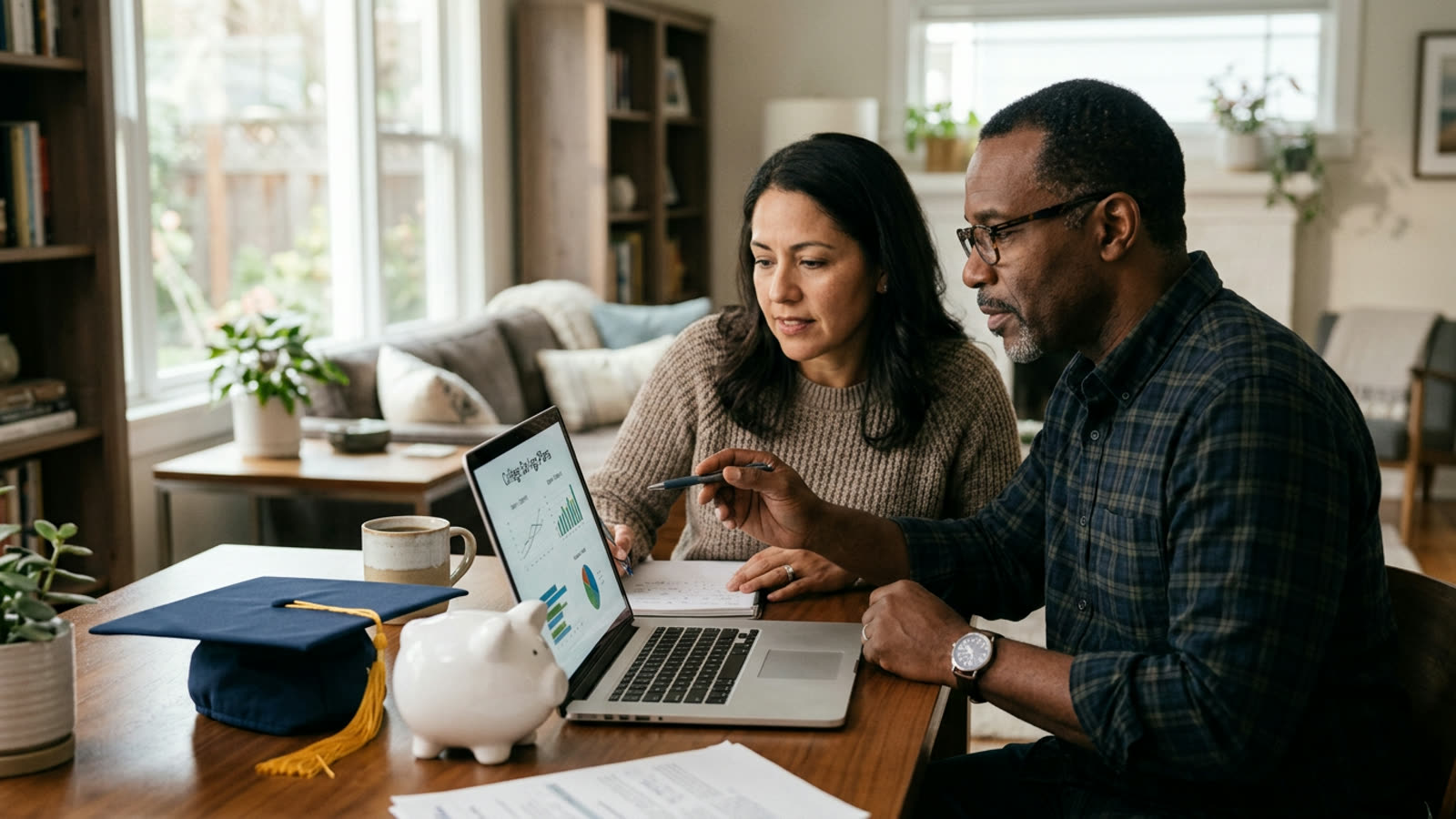 Parents at a laptop comparing college savings accounts, a graduation cap and piggy bank on the desk