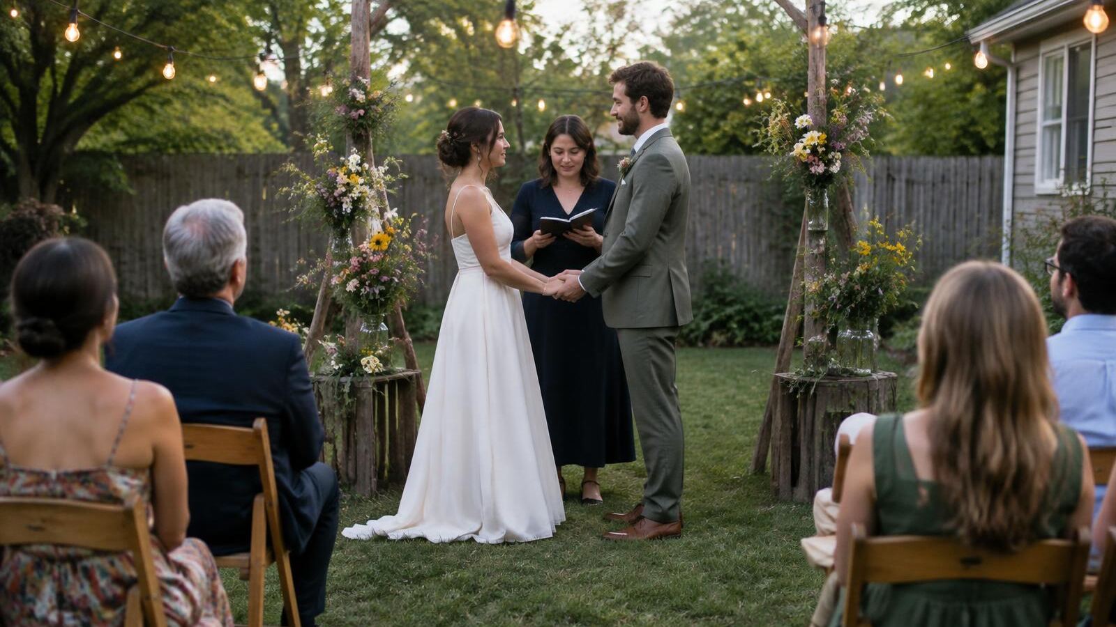 Couple exchanging vows at a small backyard wedding