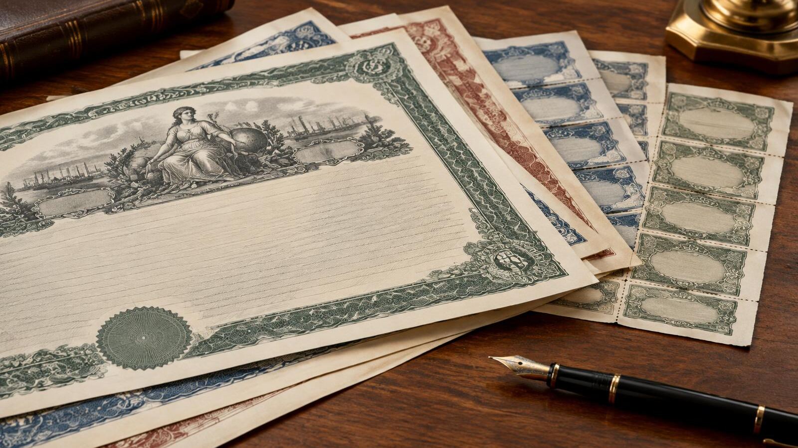 Engraved bond certificates and coupons on a wooden desk