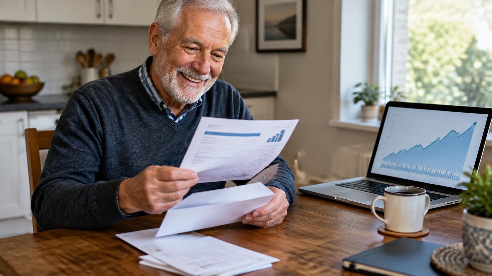 Retired man smiling at a dividend statement