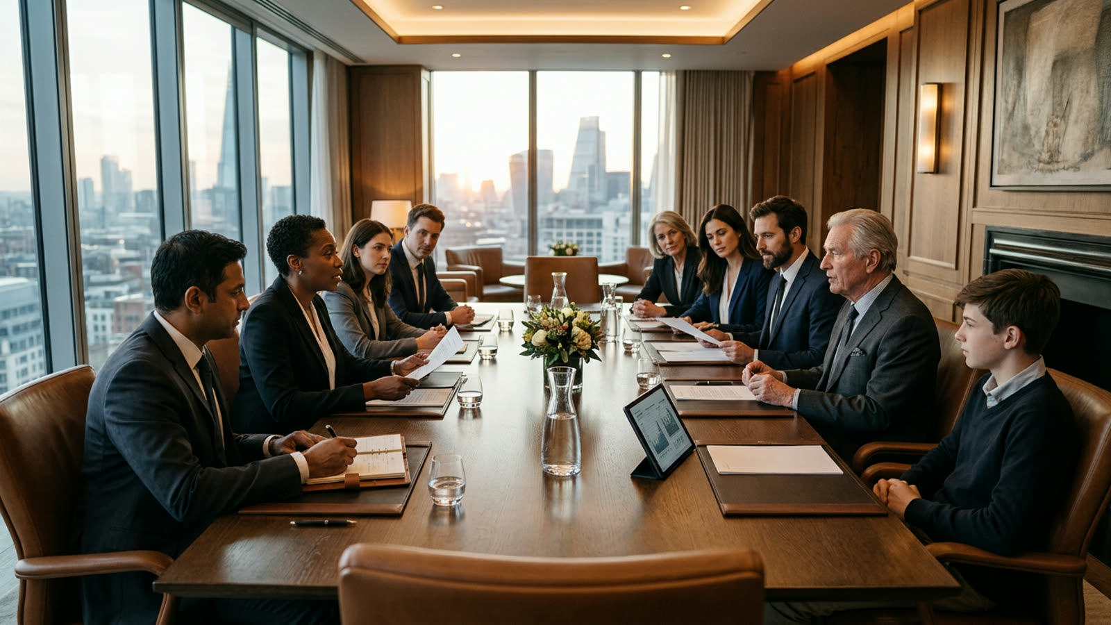 A team of advisors in a private boardroom meeting with a multigenerational wealthy family