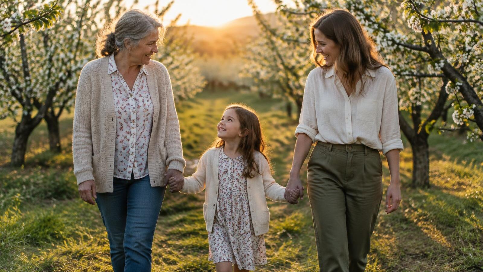 Grandmother, mother and daughter walking hand in hand through an orchard