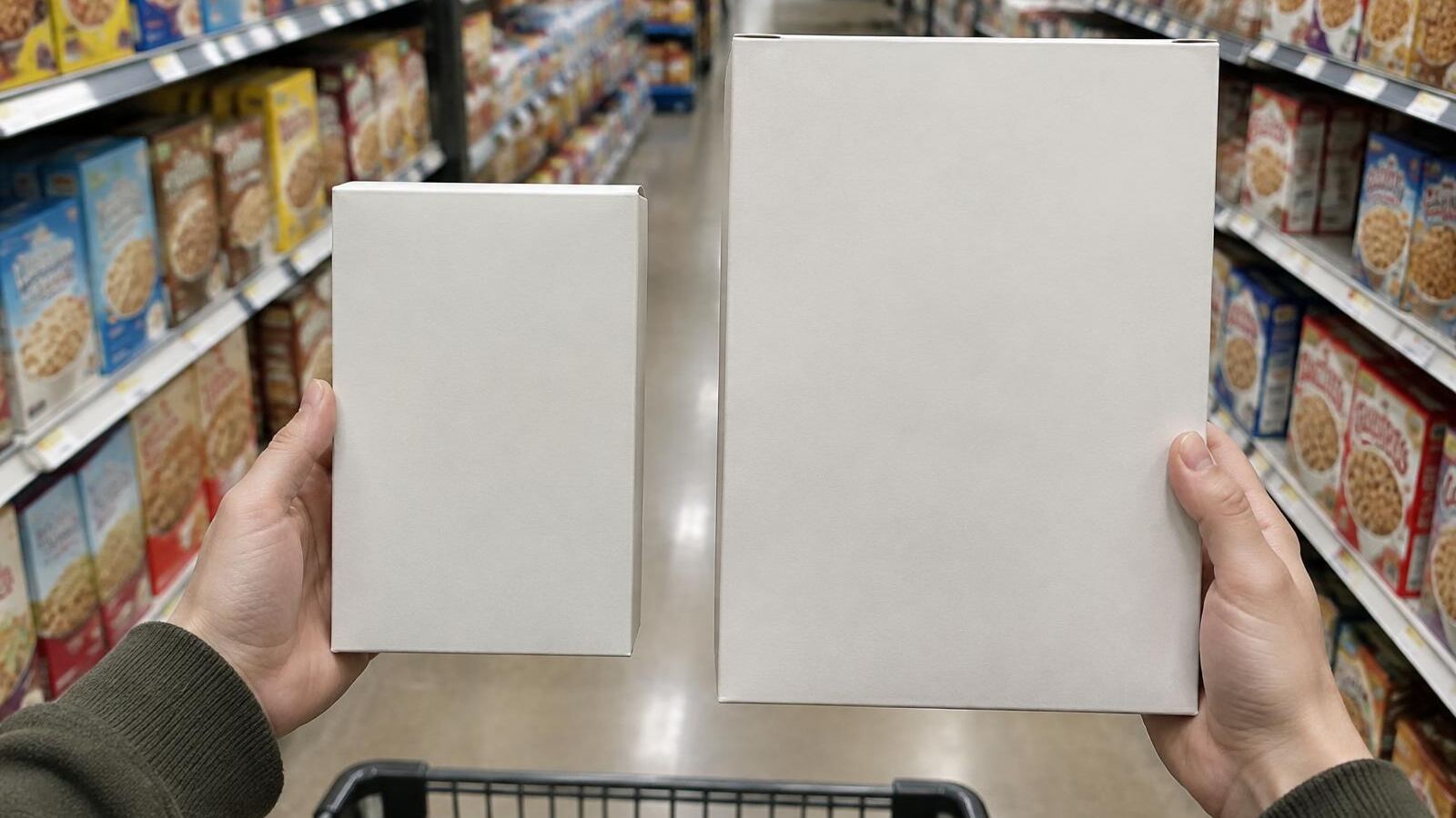 Shopper comparing a smaller and a larger cereal box