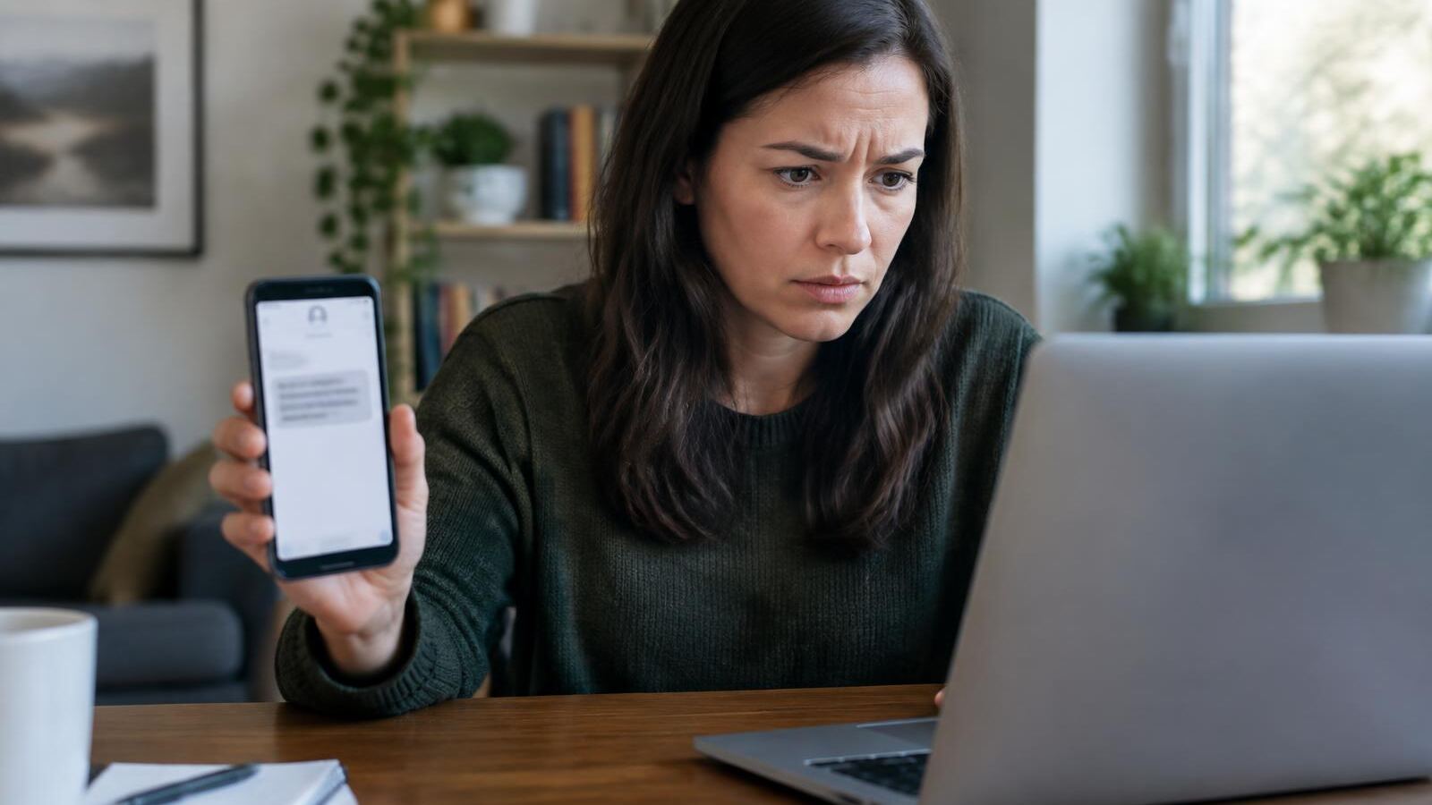 Woman reporting a scam text message on her laptop