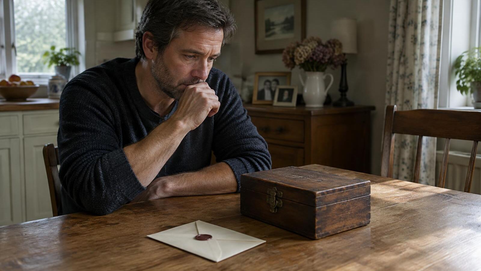 Man sitting thoughtfully beside a keepsake box and a sealed envelope