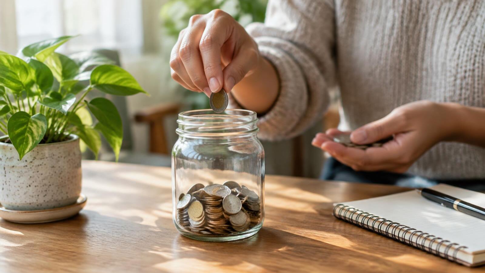 Hands dropping coins into a glass savings jar on a wooden table