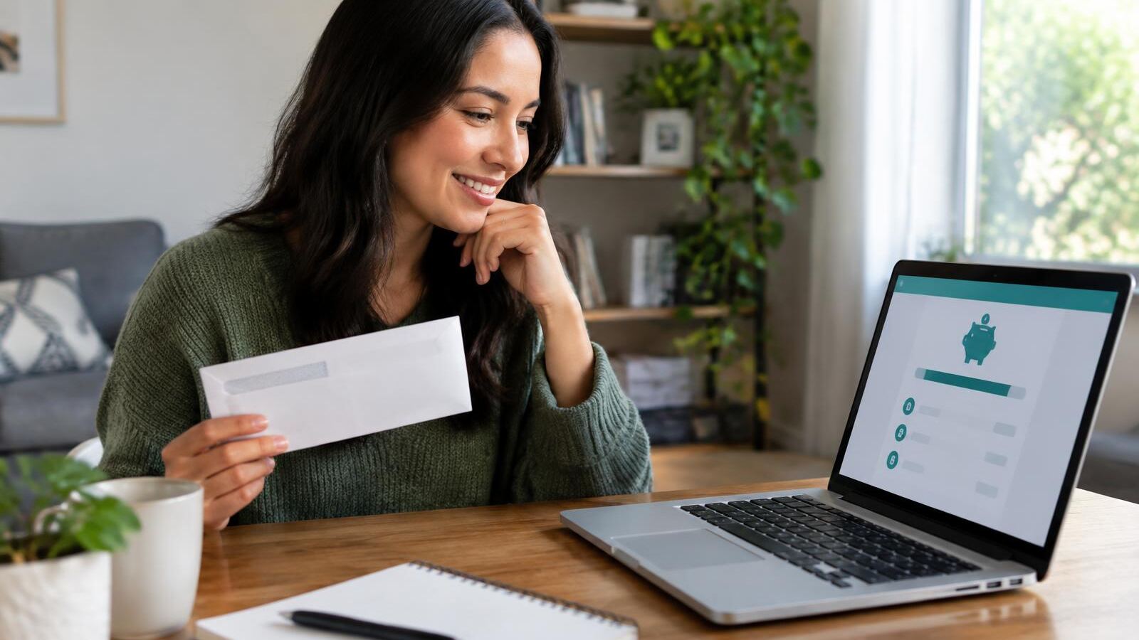 Smiling woman holding a tax refund envelope beside her savings account on a laptop