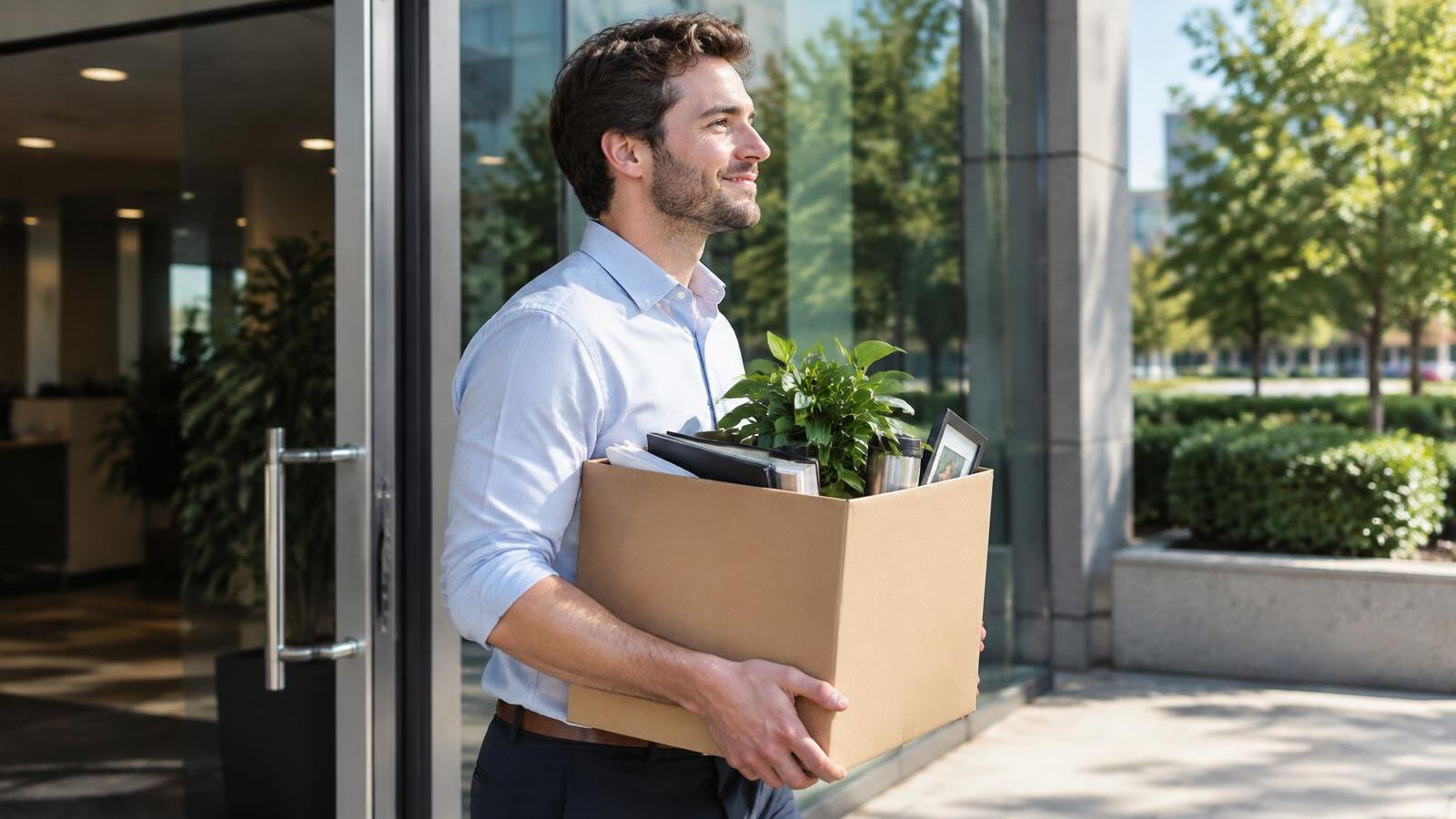 Man carrying a box of desk belongings out of an office into the sunlight