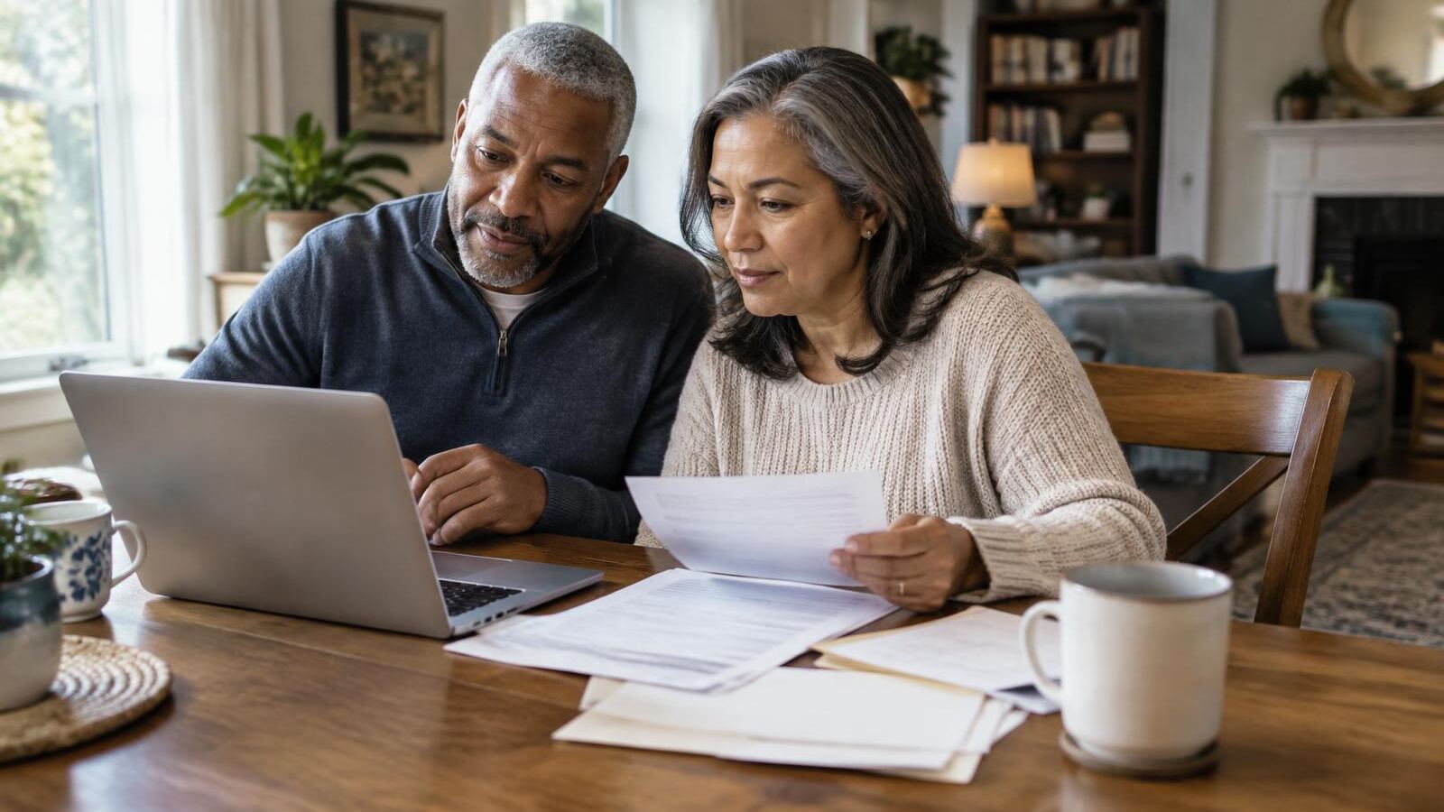 Older couple reviewing loan paperwork and a laptop at their dining table