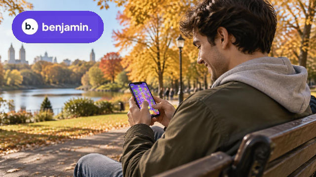Man on a park bench playing a rewards game on his phone, seen over his shoulder, with the Benjamin logo
