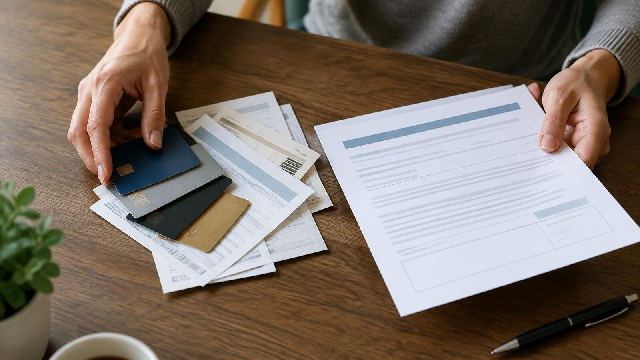 Several credit cards and bills beside a single loan document
