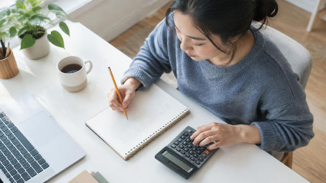 Woman working out numbers with a pencil, notebook and calculator