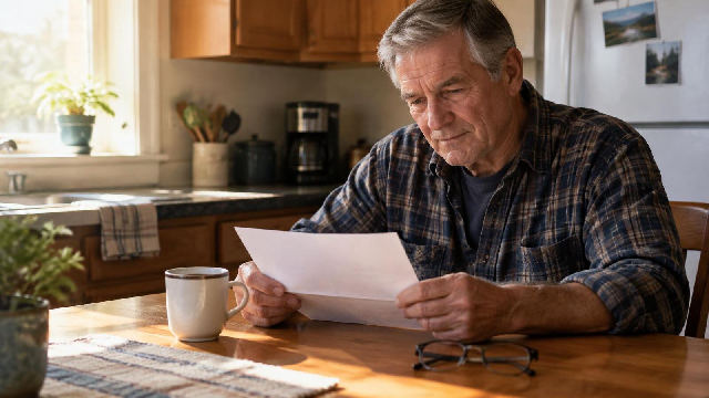 Retired man reading a letter at his kitchen table