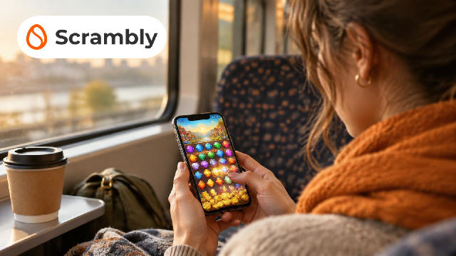 Woman on a train playing a gem puzzle game on her phone, with the Scrambly logo