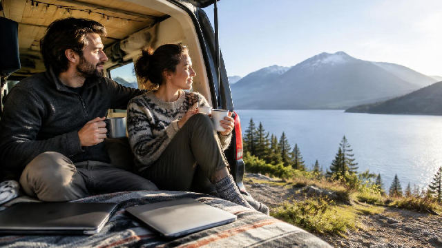 Couple relaxing at the back of a camper van overlooking a mountain lake