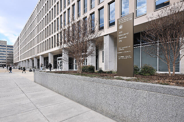 The U.S. Department of Education's Lyndon Baines Johnson Building and entrance sign at 400 Maryland Avenue SW in Washington, D.C.