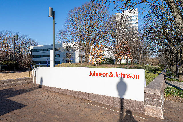 A Johnson & Johnson sign with the company logo outside one of its office buildings