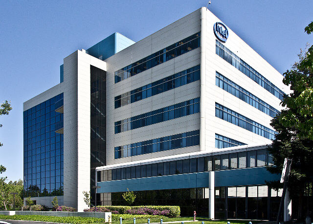 An Intel office building in Santa Clara, California, the company's headquarters city, with the Intel logo near the top of the facade